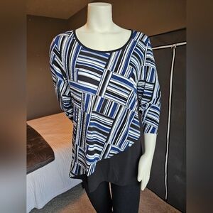 Christopher & Banks Size M, Blue and Blk, Striped-like Printed Blouse, 3/4 Slv